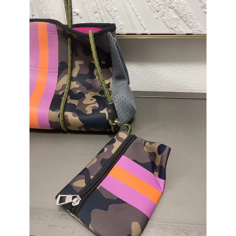 Camo Neoprene Tote Bag Carry On, Travel Gym Bag Pink Orange with Pouch Large